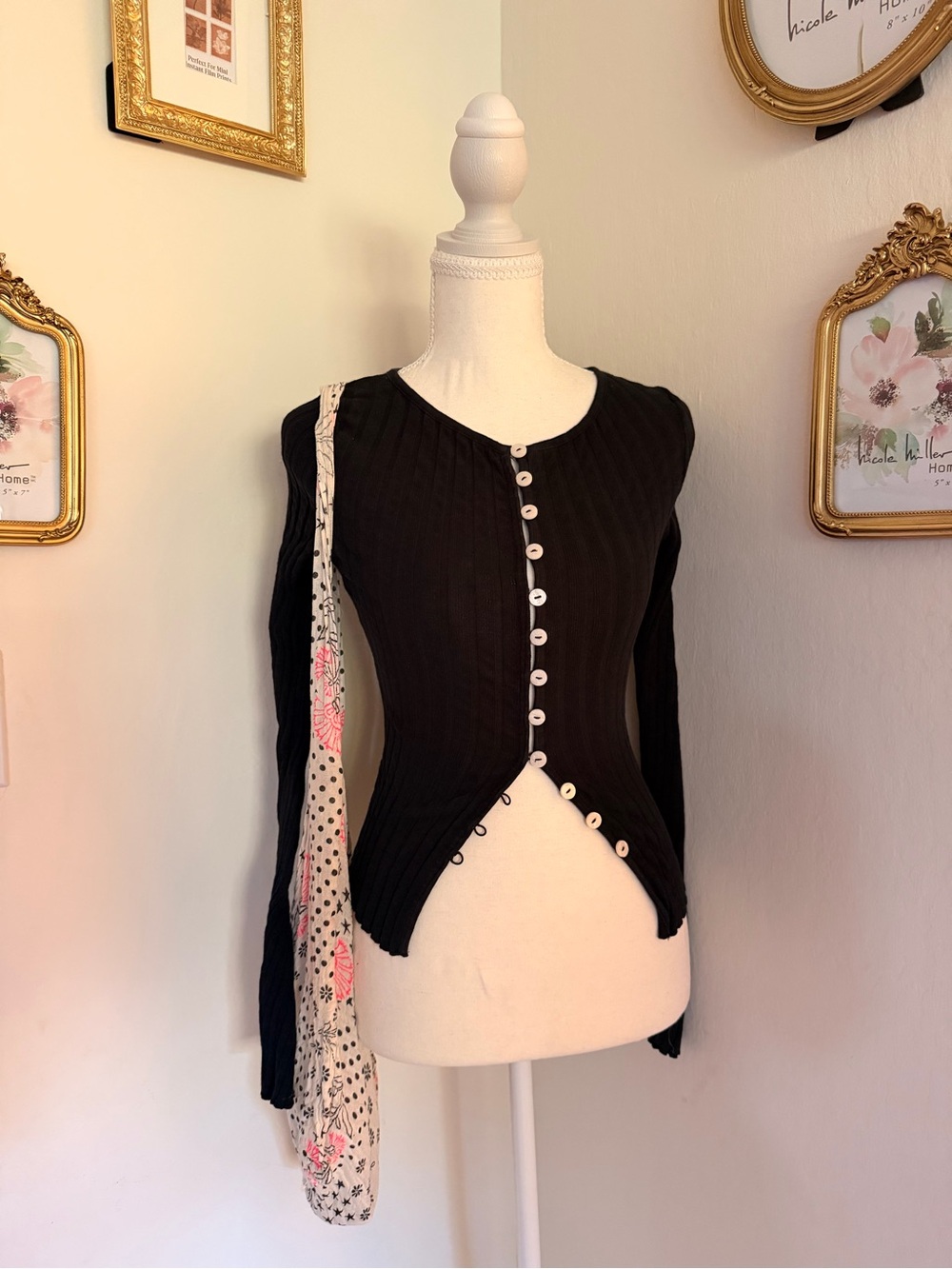 Free People Black Ribbed Button-Front Long Sleeve Top